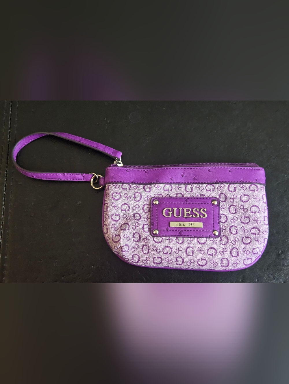 GUESS Purple Logo Wristlet Clutch with Patterned Exterior
